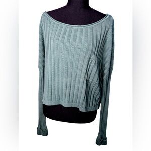 Natural Life Teal Love Flower Ribbed Cropped Cable Knit Crewneck Sweater Boho XL